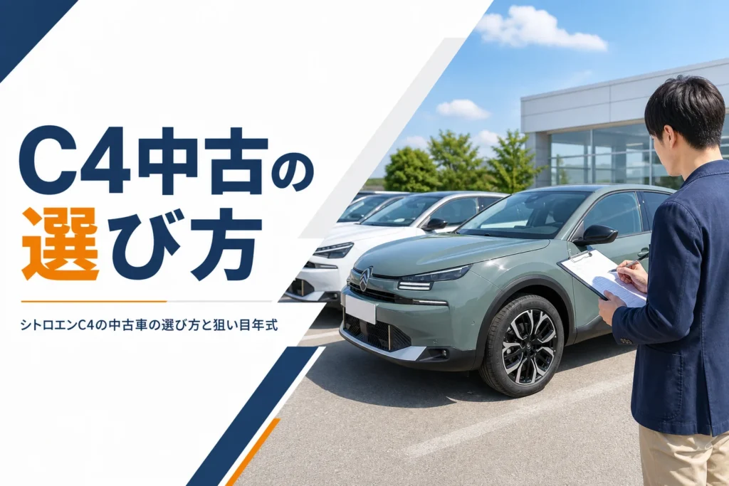 中古車展示場でシトロエンC4を見比べるイメージ
