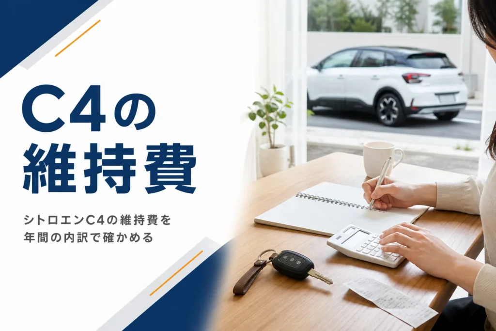 シトロエンC4の年間維持費を電卓で計算しているテーブル