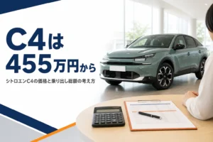 シトロエンC4の価格表と電卓が置かれたショールームのテーブル