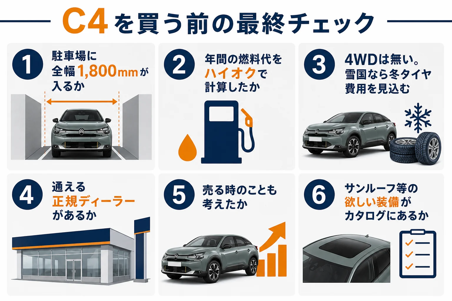 シトロエンC4を買う前に確かめたい6つのチェック項目の図解
