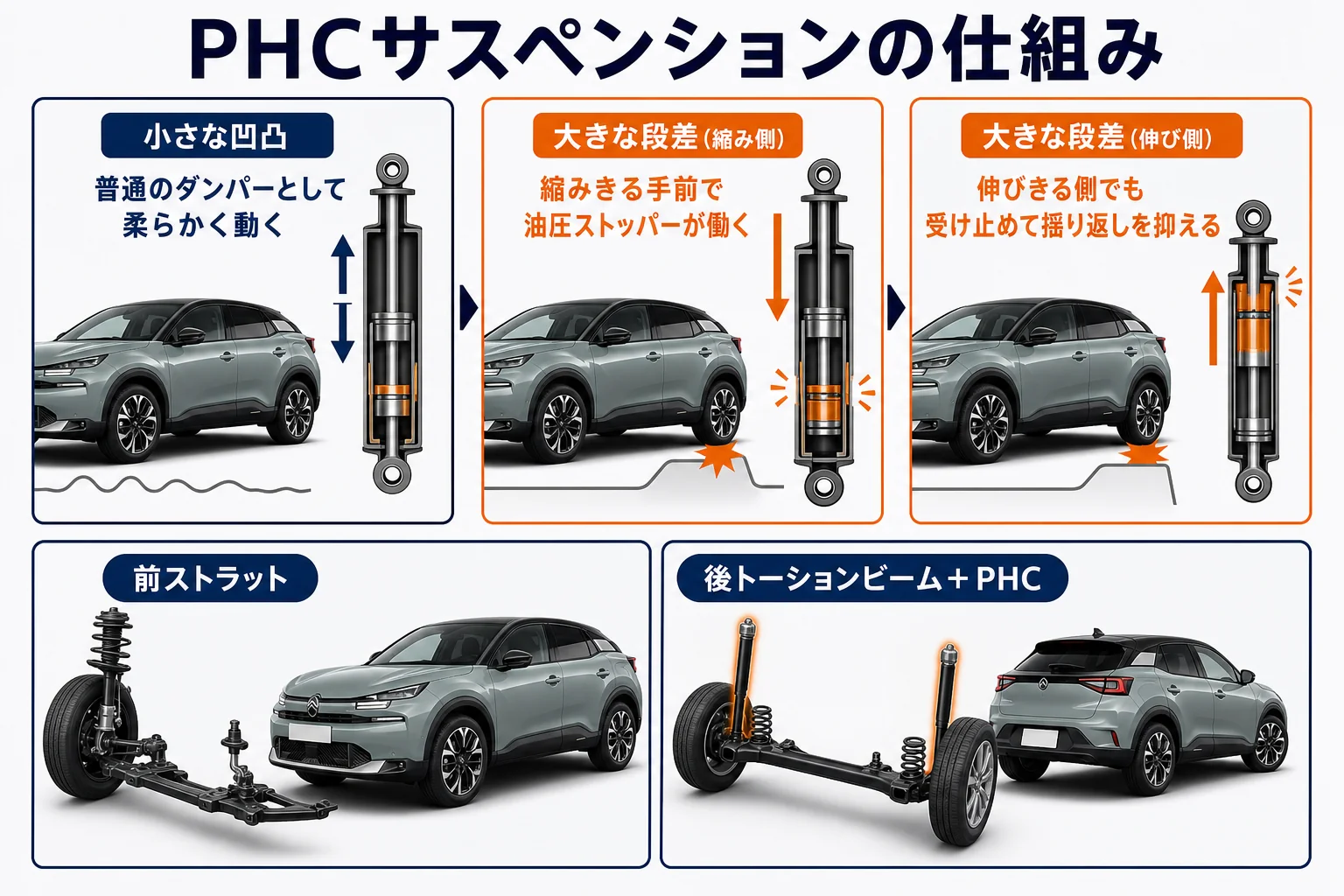 シトロエンC4のPHCサスペンションが段差を受け止める仕組みの図解