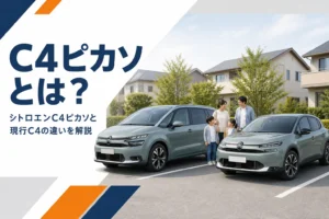 ミニバンのC4ピカソと5ドアハッチバックの現行C4が並ぶイメージ