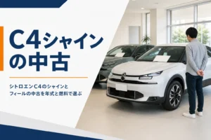 中古車展示場に並ぶシトロエンC4のシャインとフィール