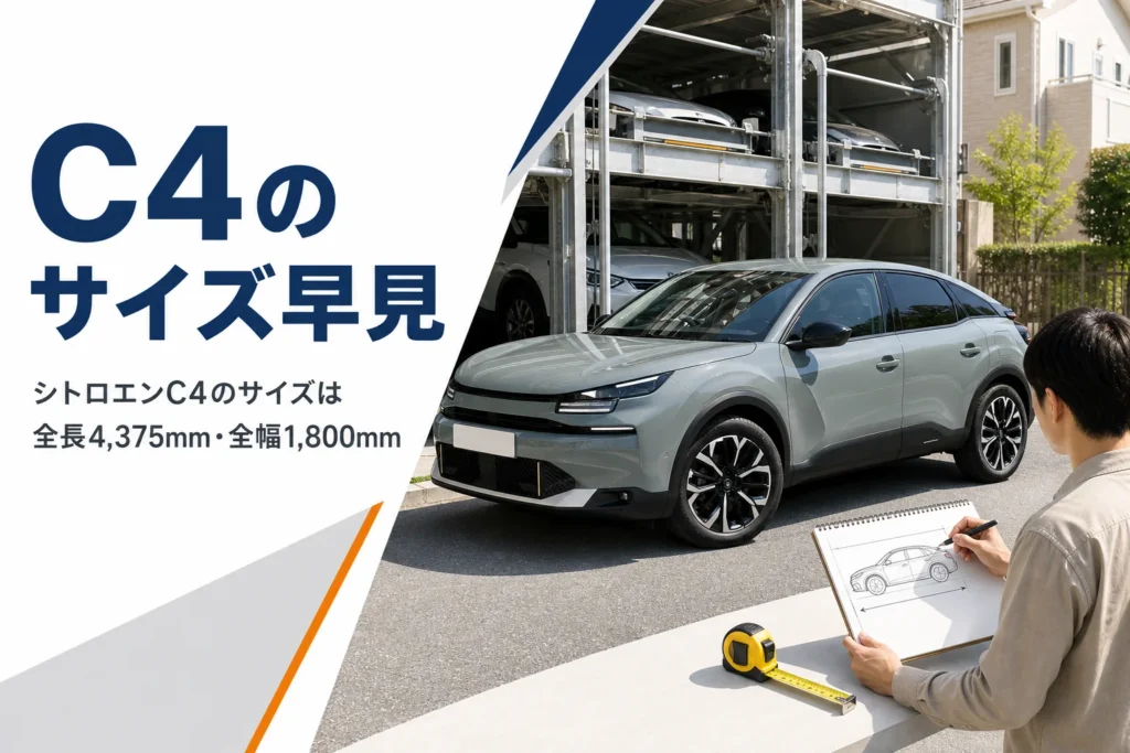 シトロエンC4の大きさを駐車場の前で確かめるイメージ