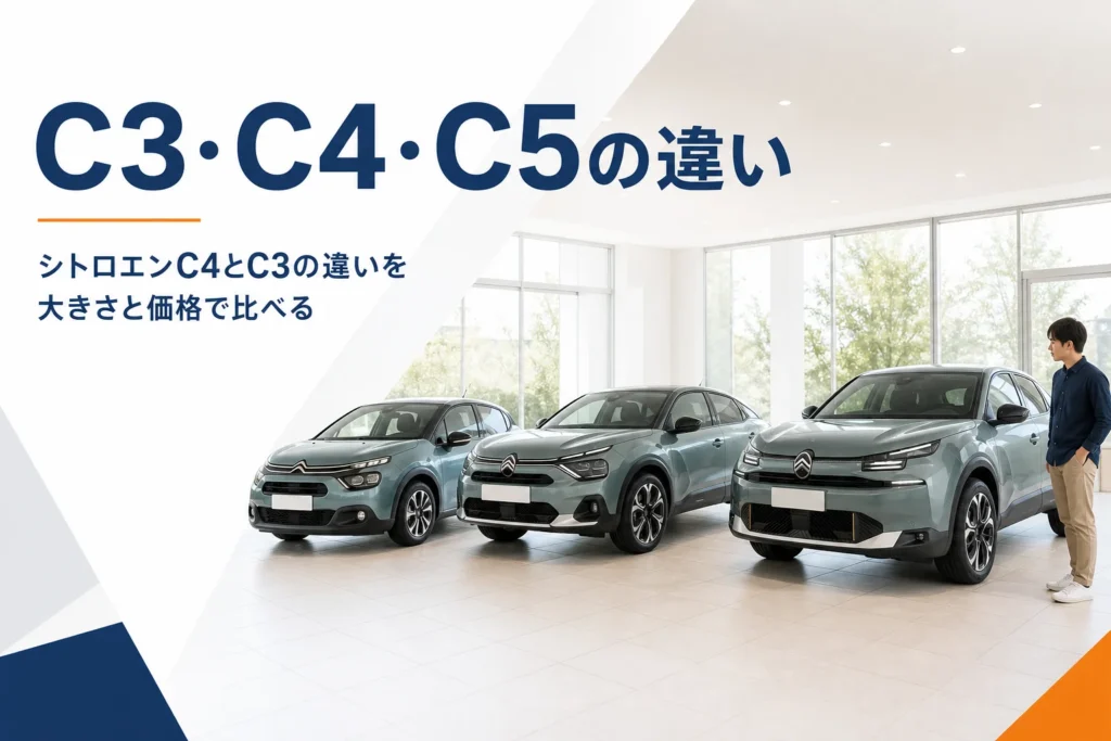 大きさの違う3台のシトロエンがショールームに並ぶイメージ